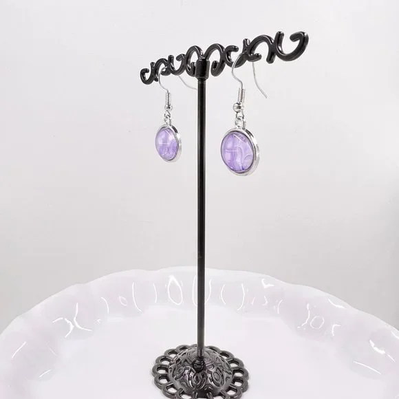 New / Handcrafted - Round Purple Paint Skin Silver Tone Fishhook Earrings - Picture 3 of 5